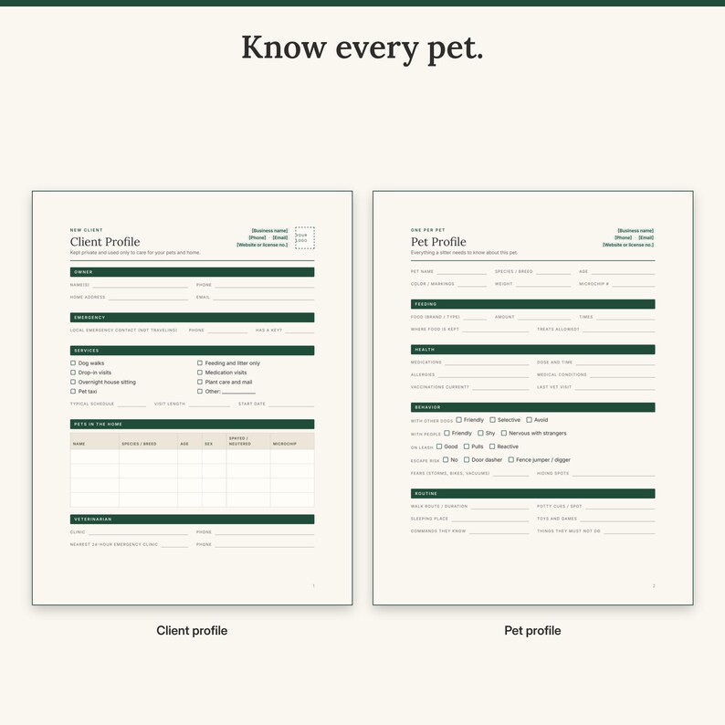 Client profile with emergency contacts, services and pets table next to a one-per-pet profile