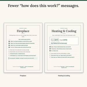 Fireplace sign with numbered steps and safety checklist next to the Heating and Cooling sign