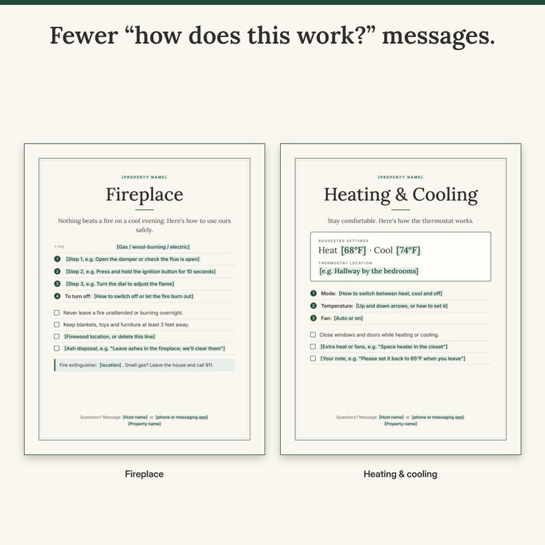 Fireplace sign with numbered steps and safety checklist next to the Heating and Cooling sign