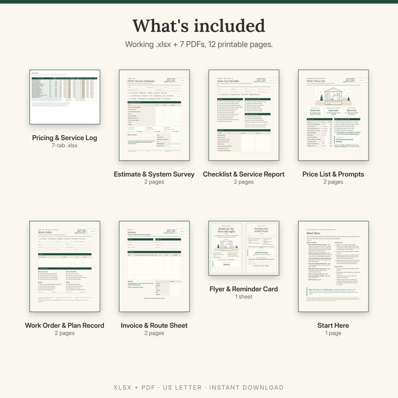 Op de afbeelding: Een digitale documentenset getiteld What's included, met een werkend .xlsx-bestand en 7 PDF's met in totaal 12 printbare pagina's. De collectie bevat een Pricing & Service Log, Estimate & System Survey, Checklist & Service Report, Price List & Prompts, Work Order & Plan Record, Invoice & Route Sheet, Flyer & Reminder Card en een Start Here-gids.