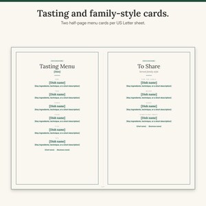 US Letter sheet with a half-page tasting menu card and a half-page family-style menu card