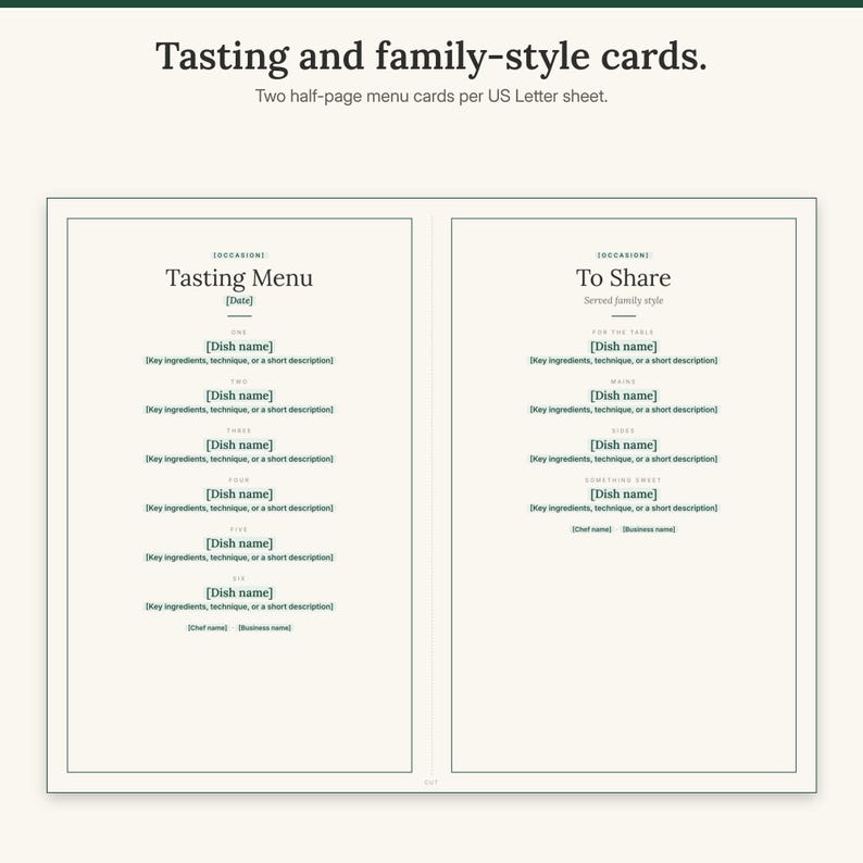 US Letter sheet with a half-page tasting menu card and a half-page family-style menu card
