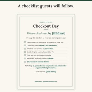 Full-page Checkout Day sign with checkout time, seven tick-box tasks and lock-up instructions