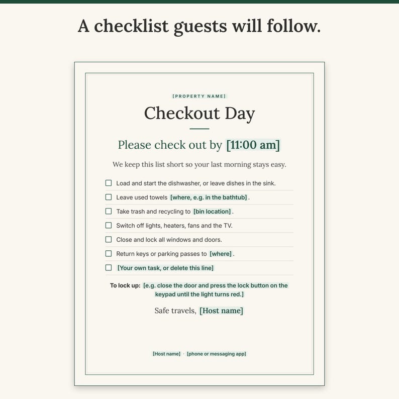 Full-page Checkout Day sign with checkout time, seven tick-box tasks and lock-up instructions