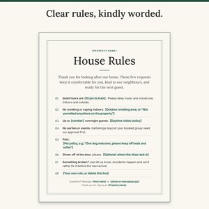Full-page House Rules sign with eight numbered rules and green placeholder fields for your details
