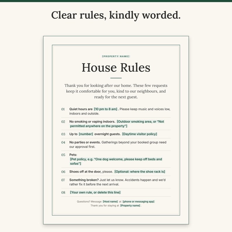Full-page House Rules sign with eight numbered rules and green placeholder fields for your details