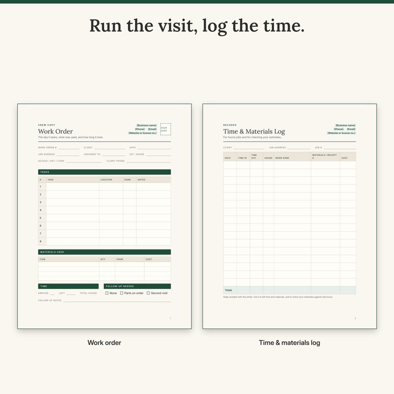 Work order with tasks and materials used next to the time and materials log