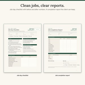 K&ouml;nnte beinhalten: Zwei gedruckte Formulare mit dunkelgr&uuml;nen Kopfzeilen. Das linke Formular tr&auml;gt den Titel Job Day Checklist, das rechte den Titel Job Completion Report. Beide Dokumente enthalten Abschnitte f&uuml;r Gesch&auml;ftsdaten und die Aufgabenverfolgung.