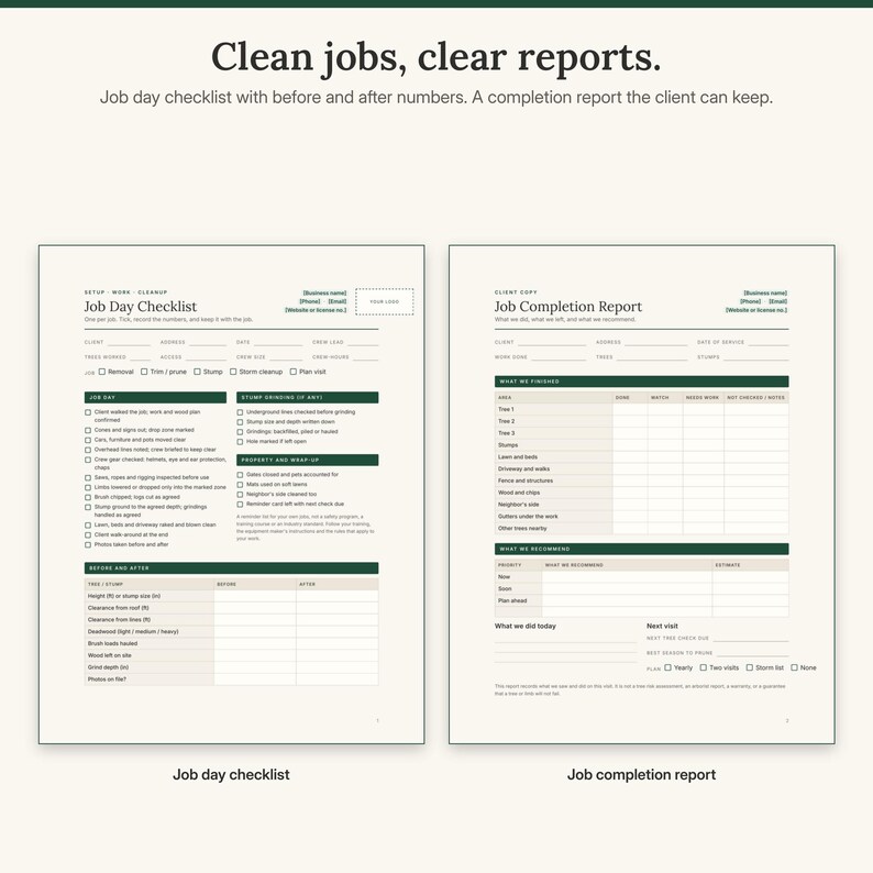 K&ouml;nnte beinhalten: Zwei gedruckte Formulare mit dunkelgr&uuml;nen Kopfzeilen. Das linke Formular tr&auml;gt den Titel Job Day Checklist, das rechte den Titel Job Completion Report. Beide Dokumente enthalten Abschnitte f&uuml;r Gesch&auml;ftsdaten und die Aufgabenverfolgung.