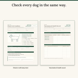 Check-in form with an outline dog body chart for marking mats and skin issues next to the vaccination and health record