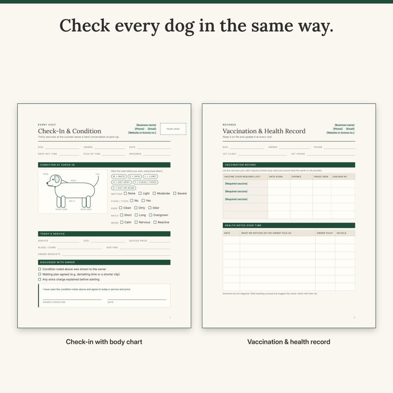 Check-in form with an outline dog body chart for marking mats and skin issues next to the vaccination and health record