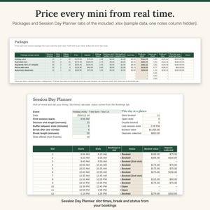 Packages tab pricing each mini session from session minutes, editing hours and costs with profit per hour, above the Session Day Planner showing slot times, breaks and booked or open slots