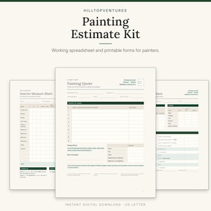 Painting Estimate Kit cover showing the client painting quote in front of the interior measure sheet and estimate worksheet