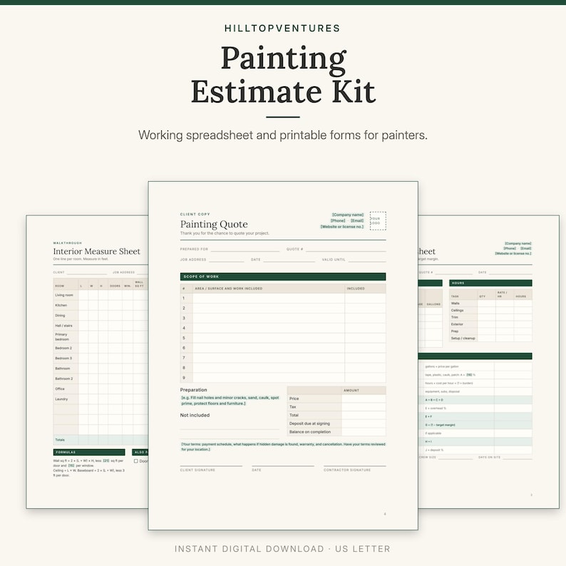 Painting Estimate Kit cover showing the client painting quote in front of the interior measure sheet and estimate worksheet