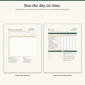 Session day run sheet with 16 numbered slots next to the shot list with tick boxes for six families and smile prompts
