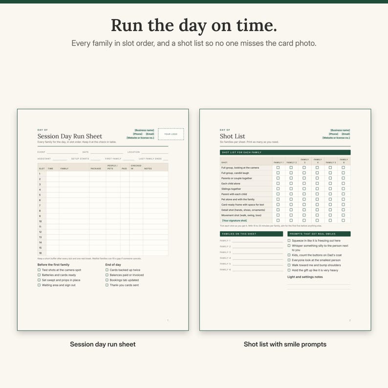 Session day run sheet with 16 numbered slots next to the shot list with tick boxes for six families and smile prompts