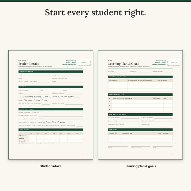 Student intake form for parents next to the learning plan with starting point, goals and check-in dates