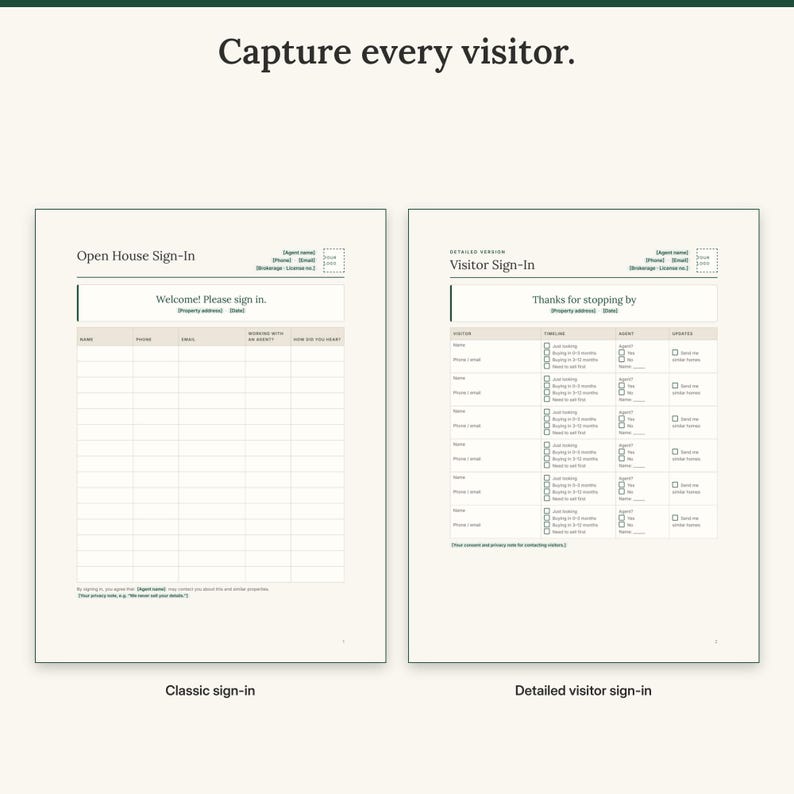 Classic open house sign-in sheet next to the detailed visitor sign-in with timeline and agent questions