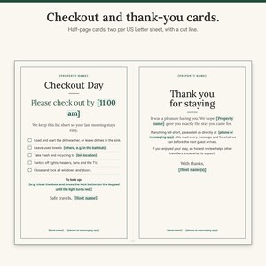 US Letter sheet with a Checkout Day card and a Thank You for Staying card side by side