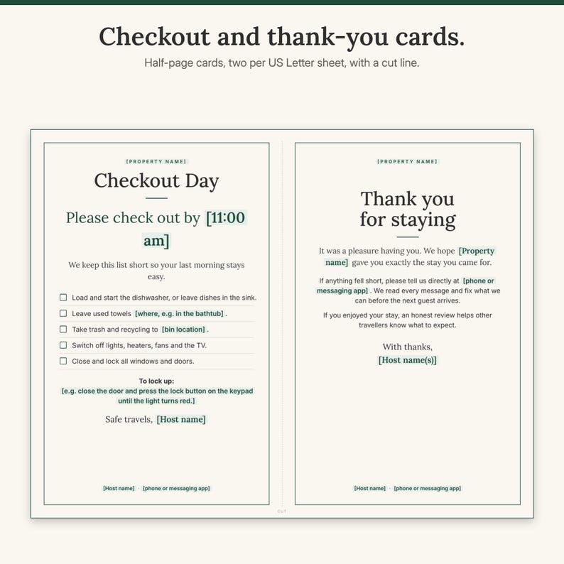 US Letter sheet with a Checkout Day card and a Thank You for Staying card side by side
