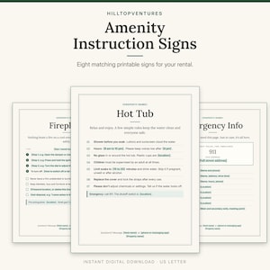 Amenity Instruction Signs cover showing the Hot Tub sign in front of the Fireplace and Emergency Info signs