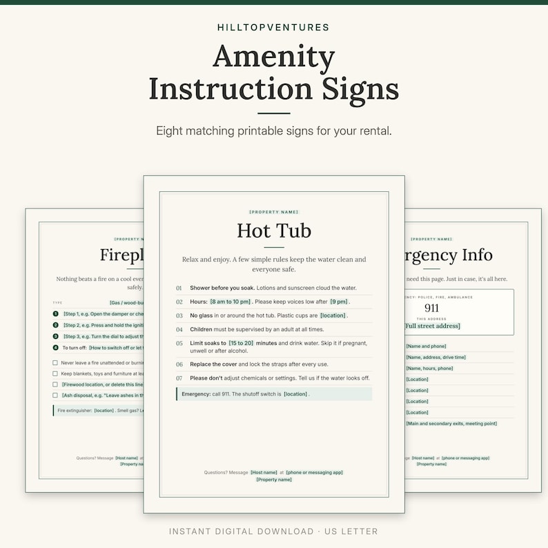 Amenity Instruction Signs cover showing the Hot Tub sign in front of the Fireplace and Emergency Info signs