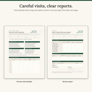 May include: Two printed documents titled Service Visit Checklist and Pest Control Service Report. The forms feature dark green headers, organized sections for client details, task checkboxes, and tables for recording trap and station data.