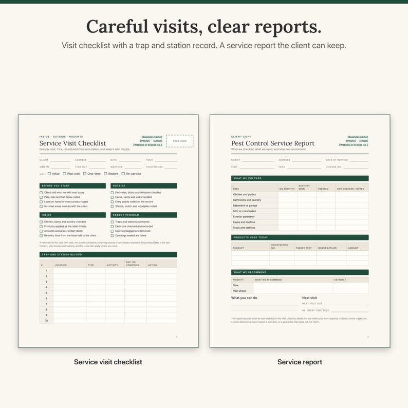 May include: Two printed documents titled Service Visit Checklist and Pest Control Service Report. The forms feature dark green headers, organized sections for client details, task checkboxes, and tables for recording trap and station data.
