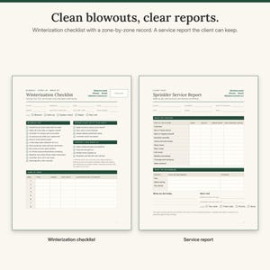 Winterization checklist with a zone-by-zone record, next to the client service report with recommendations and the next visit