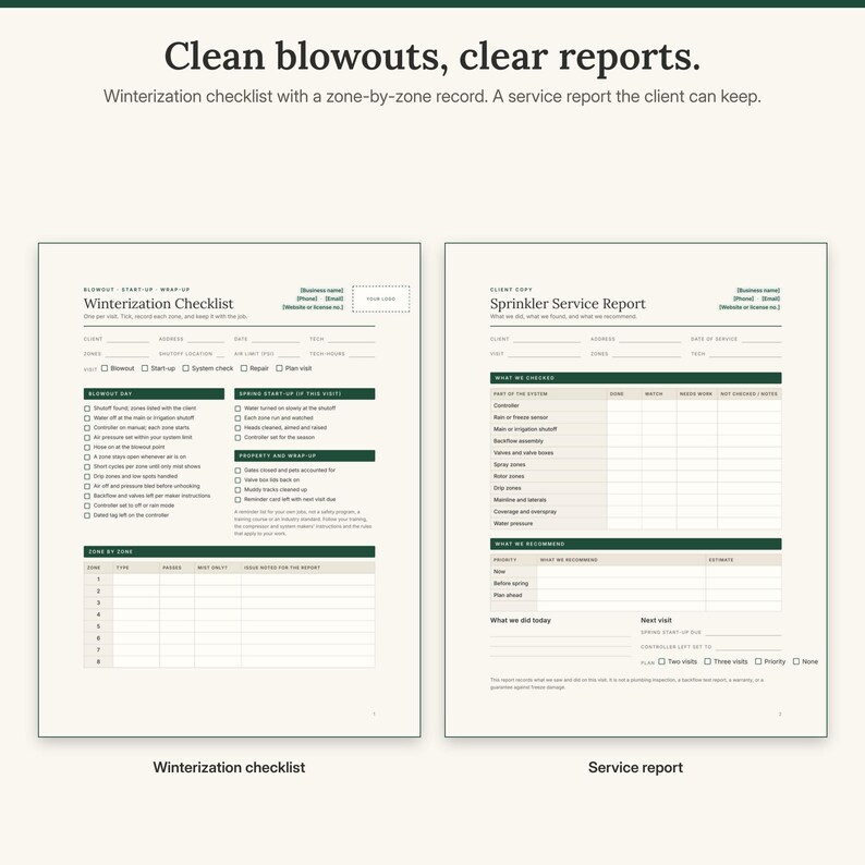 Winterization checklist with a zone-by-zone record, next to the client service report with recommendations and the next visit