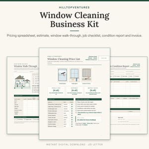K&ouml;nnte beinhalten: Ein digitales Fensterreinigungs-Business-Kit mit Preisliste, Fenster-Checkliste und Zustandsbericht. Die Dokumente enthalten Abschnitte f&uuml;r Gesch&auml;ftsdaten, Servicepreise, Fensteranzahl und Checklisten f&uuml;r verschiedene Reinigungsaufgaben.