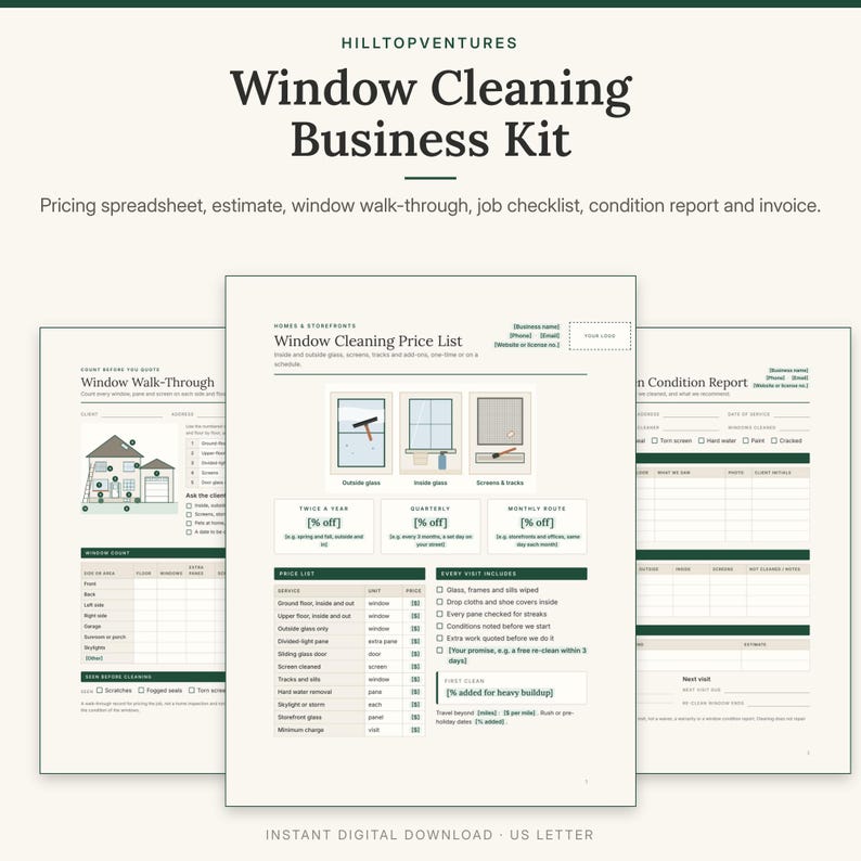 K&ouml;nnte beinhalten: Ein digitales Fensterreinigungs-Business-Kit mit Preisliste, Fenster-Checkliste und Zustandsbericht. Die Dokumente enthalten Abschnitte f&uuml;r Gesch&auml;ftsdaten, Servicepreise, Fensteranzahl und Checklisten f&uuml;r verschiedene Reinigungsaufgaben.