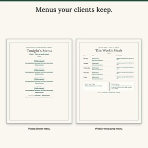 Full-page plated dinner menu template next to the weekly meal prep menu with reheating notes