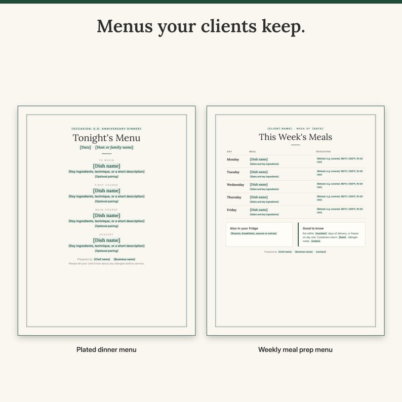 Full-page plated dinner menu template next to the weekly meal prep menu with reheating notes