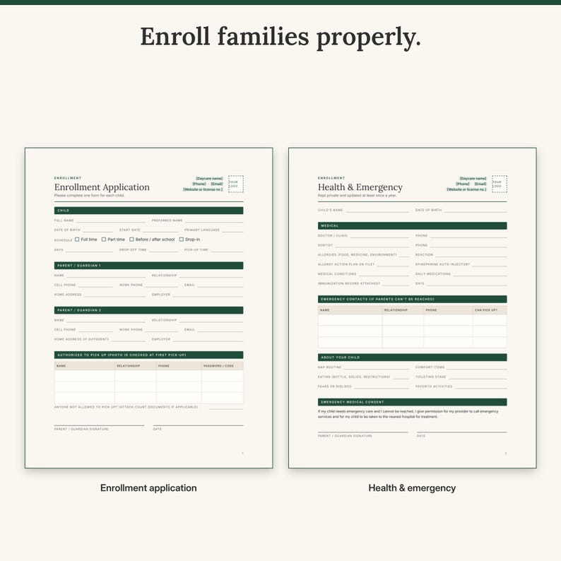 Enrollment application with parents and authorized pick-ups next to the health and emergency information form