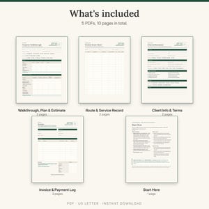 What is included: walkthrough, plan and estimate, route sheet and service record, client info and terms, invoice and payment log, Start Here