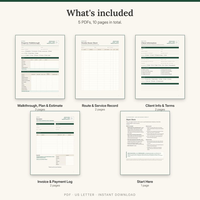 What is included: walkthrough, plan and estimate, route sheet and service record, client info and terms, invoice and payment log, Start Here