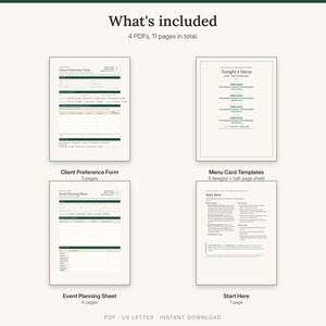 What is included: Client Preference Form 3 pages, Menu Card Templates, Event Planning Sheet 4 pages and Start Here