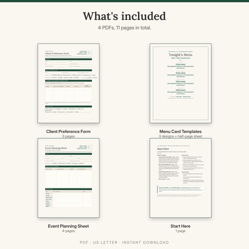 What is included: Client Preference Form 3 pages, Menu Card Templates, Event Planning Sheet 4 pages and Start Here