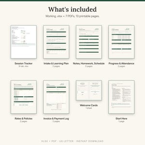 What is included: session and package tracker spreadsheet, intake and learning plan, session notes, homework and schedule, progress and attendance, rates and policies, invoice and payment log, cards, Start Here