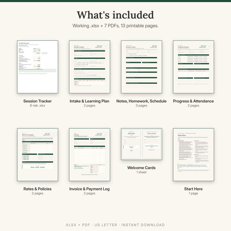 What is included: session and package tracker spreadsheet, intake and learning plan, session notes, homework and schedule, progress and attendance, rates and policies, invoice and payment log, cards, Start Here
