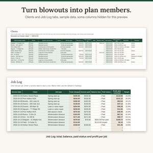 Clients tab showing zones, service plans, renewal dates, next service dates and reminders, above the Job Log with totals, balances and profit per job