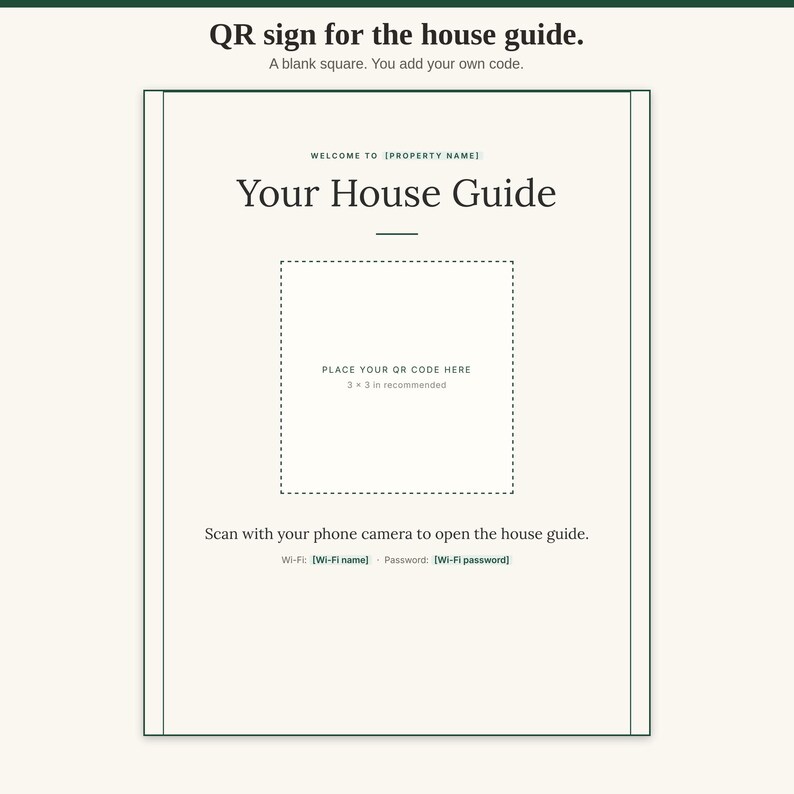 Printable QR sign for a vacation rental house guide