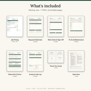 What is included: job pricing spreadsheet, request and estimate, work order and sign-off, to-do and maintenance lists, client info and terms, invoice and job log, cards, Start Here
