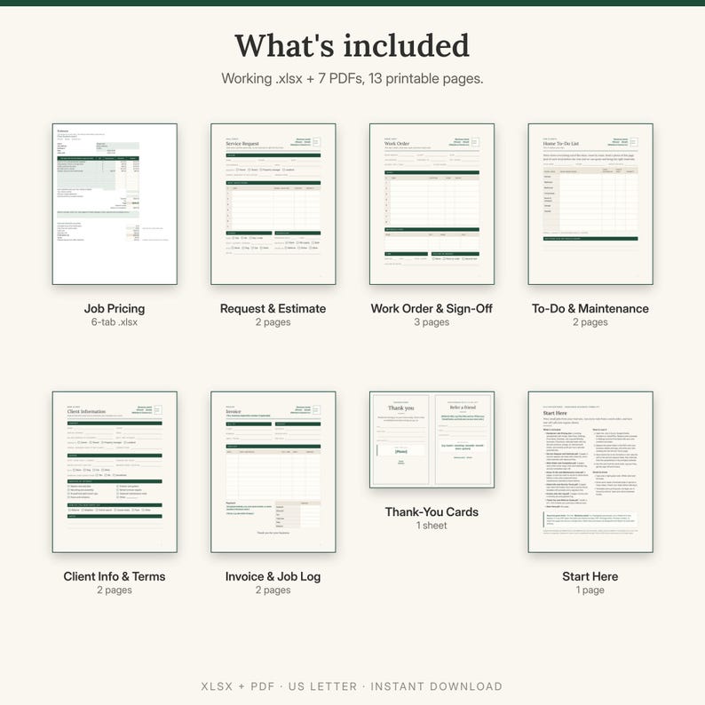 What is included: job pricing spreadsheet, request and estimate, work order and sign-off, to-do and maintenance lists, client info and terms, invoice and job log, cards, Start Here