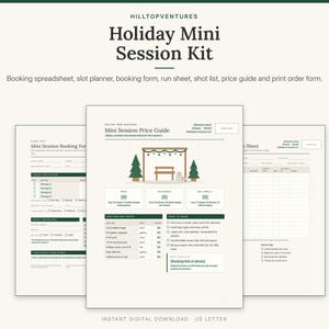 Holiday Mini Session Kit cover showing the mini session price guide with a drawing of a holiday set in front of the booking form and the session day run sheet