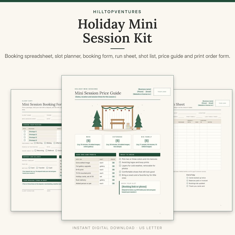 Holiday Mini Session Kit cover showing the mini session price guide with a drawing of a holiday set in front of the booking form and the session day run sheet