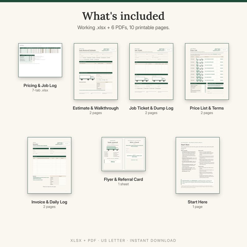 What is included: pricing and job log spreadsheet, estimate and walkthrough, job ticket and dump log, price list and terms, invoice and daily log, flyer and referral card, start here guide