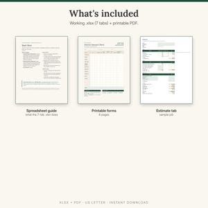 What is included: spreadsheet guide, 6 printable forms, and the Estimate tab of the spreadsheet with a sample job