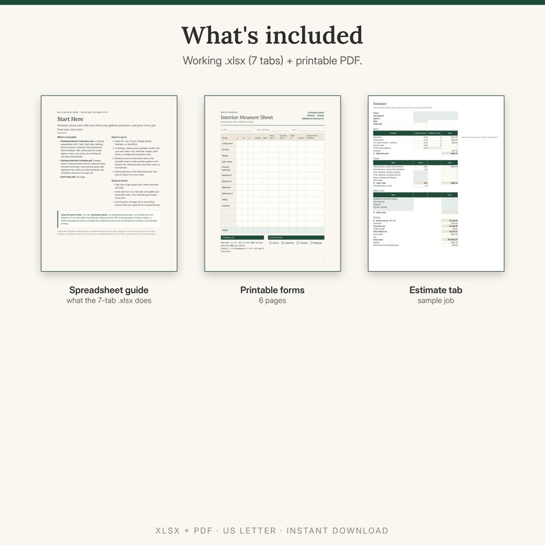 What is included: spreadsheet guide, 6 printable forms, and the Estimate tab of the spreadsheet with a sample job